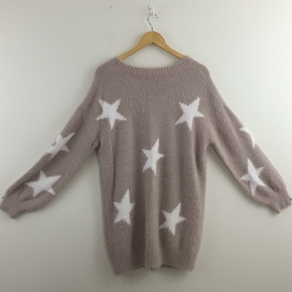 Pink & White Crew Neck Oversized Sweater with Star Pattern - Picture 6 of 10